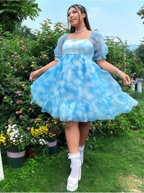 SHEIN Blue Cloud-Print Puff Sleeve Midi Dress